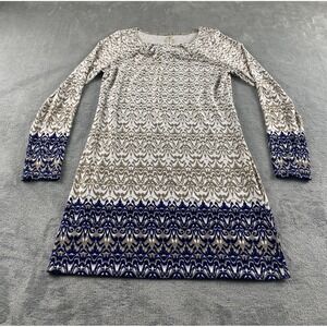 PerSeption Concept Womens Tan Navy Geometric Damask Pleated Tunic Dress Small